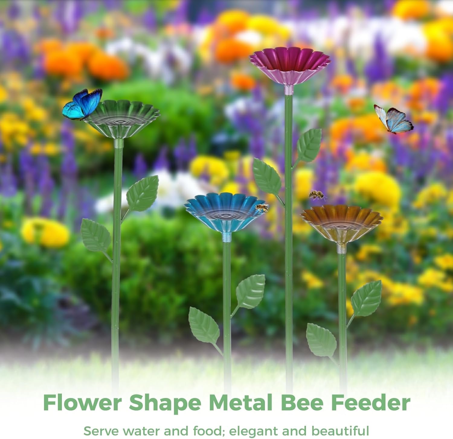 4 Pack Bee Watering Station, Metal Bee Feeder Cups with Colorful Flower Design,Butterfly Bee Bath Bowl for Outdoor Garden Yard Decor (Green, Blue, Yellow, Purple) image 4