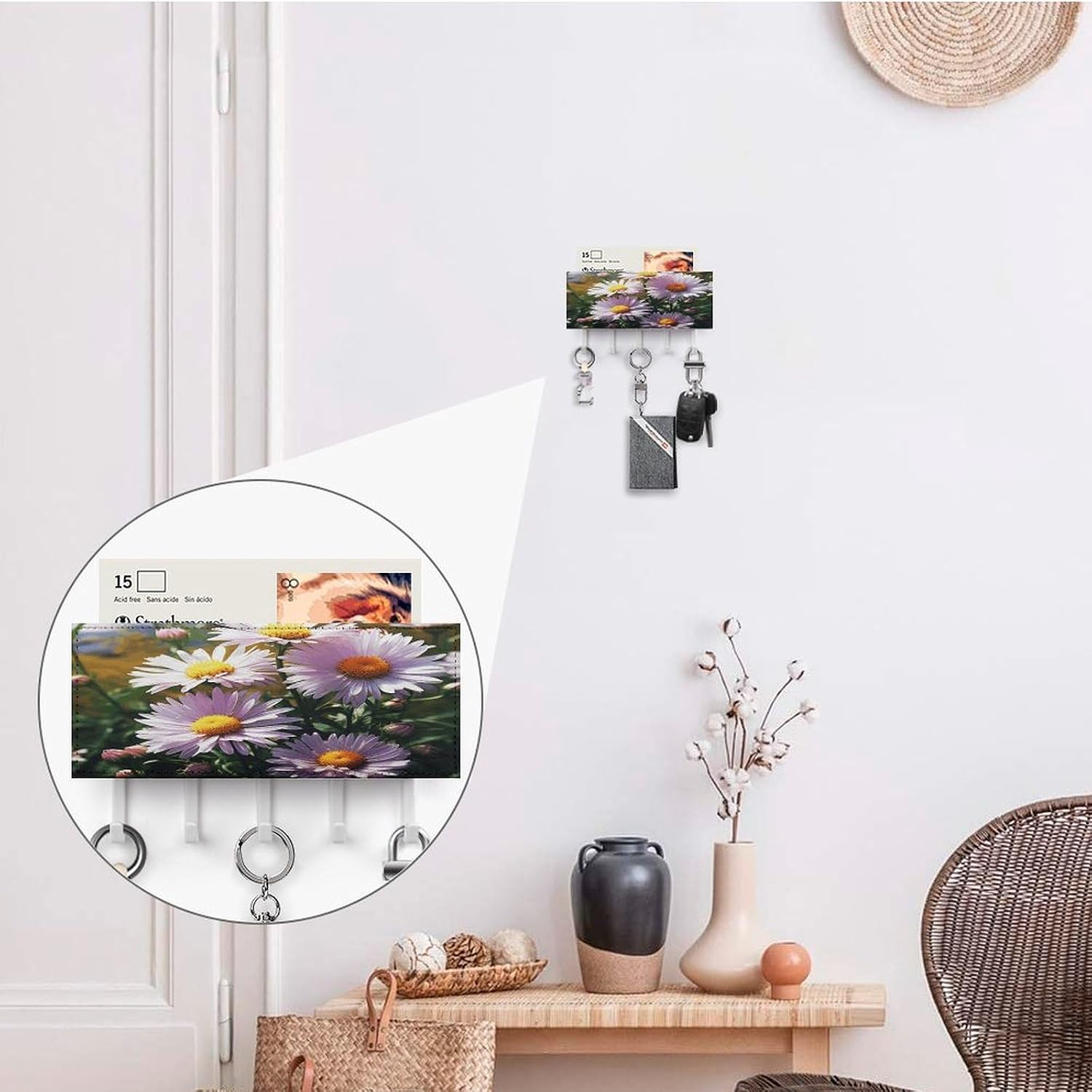 Key Holder Wall Mount Key Hanger with 5 Hooks, Decorative Key Rack | Daisy Plants Hanging Key Hooks with Mail Organizer for Wall Living Room Kitchen Bathroom Hallway