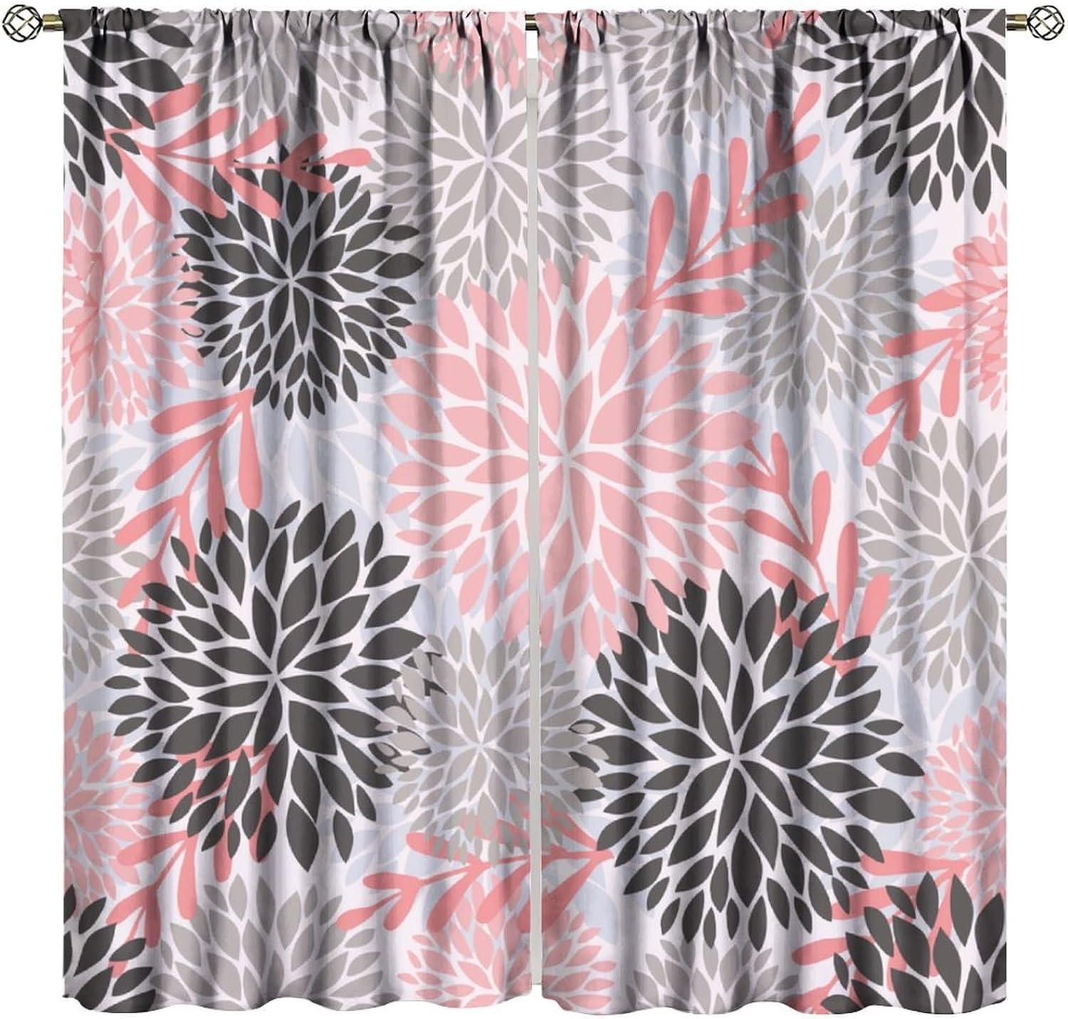 Pink Floral Curtains, Boho Dahlia Chrisanthemum Flowers Bright Colorful Window Treatments for Living Room Bedroom Kitchen, Floral Seamless Pattern Drapes 2 Panel Sets,42x54 Inch Blackout