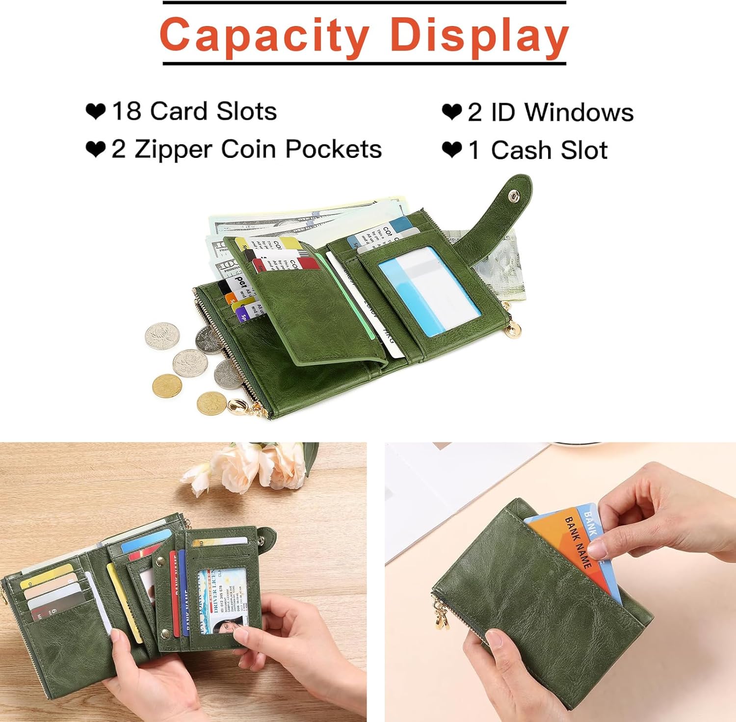 Small Wallets for Women Leather Bifold Double Zipper Pockets Wallet RFID Blocking Card Case Purse with 2 ID Windows - Image 4