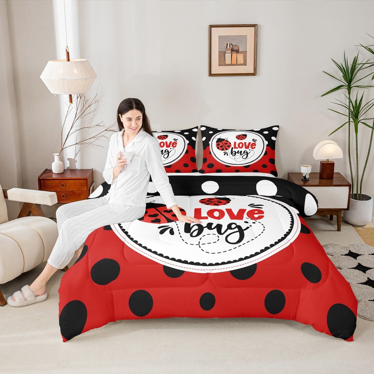 Homewish Ladybug Full Size Comforter Set,Wave Point Bedding Set for Adults Teens,Children Red and Black Comforter Luxury Cute Ladybug Quilt Set Room