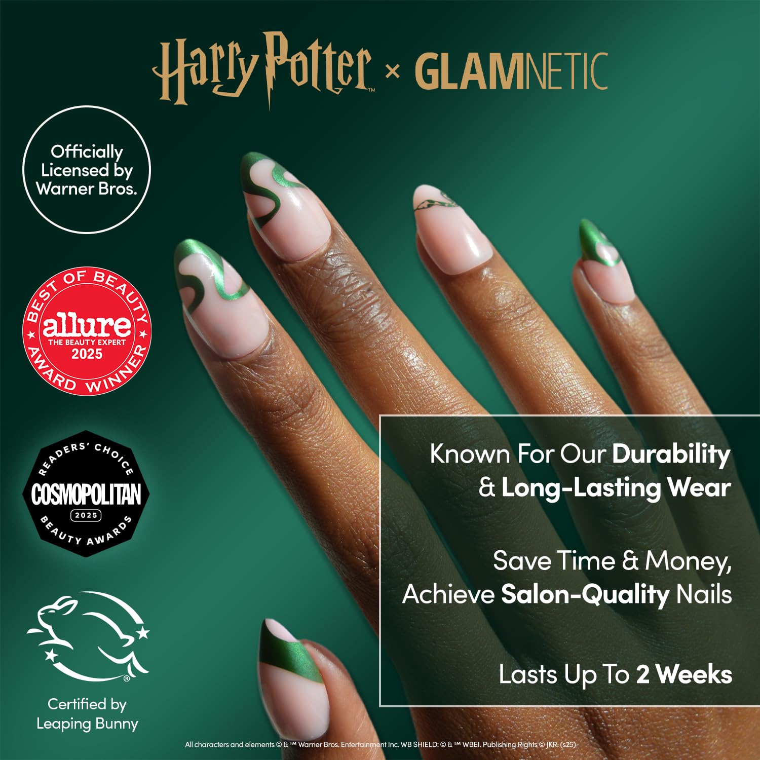 Harry Potter™ x Glamnetic Press On Nails - Parseltongue™ | Semi-Transparent Green Snake Graphic French Tip Short Almond Fake Nails in a Chrome & Glossy Finish | 15 Sizes - 30 Nail Kit with Glue
