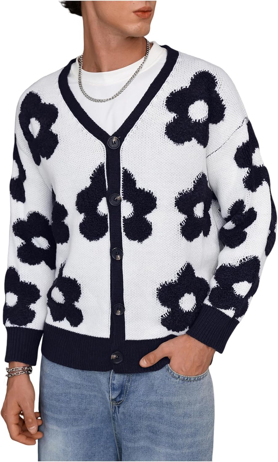 SHENHE Men's Skeleton Pattern Cardigan Sweaters Long Sleeve Unisex Outwear Knitted Coats