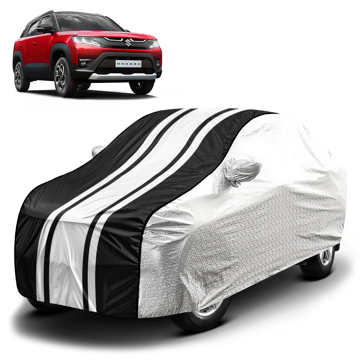 Fabtec Waterproof Car Body Cover for Maruti Brezza 2023 with Mirror Pocket and Soft Cotton Lining, Bottom Elastic, Triple Stitched (Metallic Silver with Black Stripes) (B0CPVKWHN7) Amazon Price History, Amazon Price Tracker