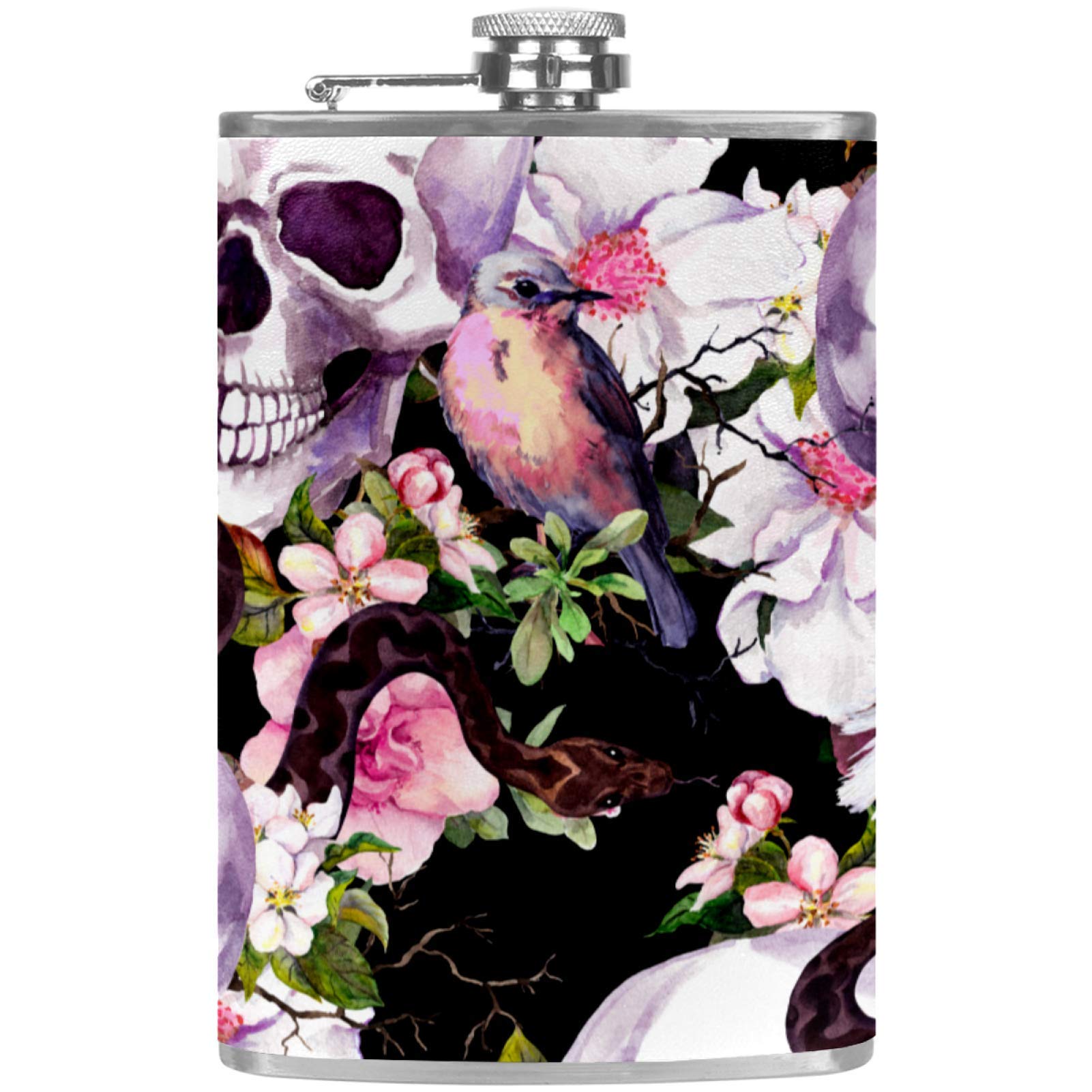 Flasque à whisky en cuir gravé crâne et fleurs avec entonnoir de poche