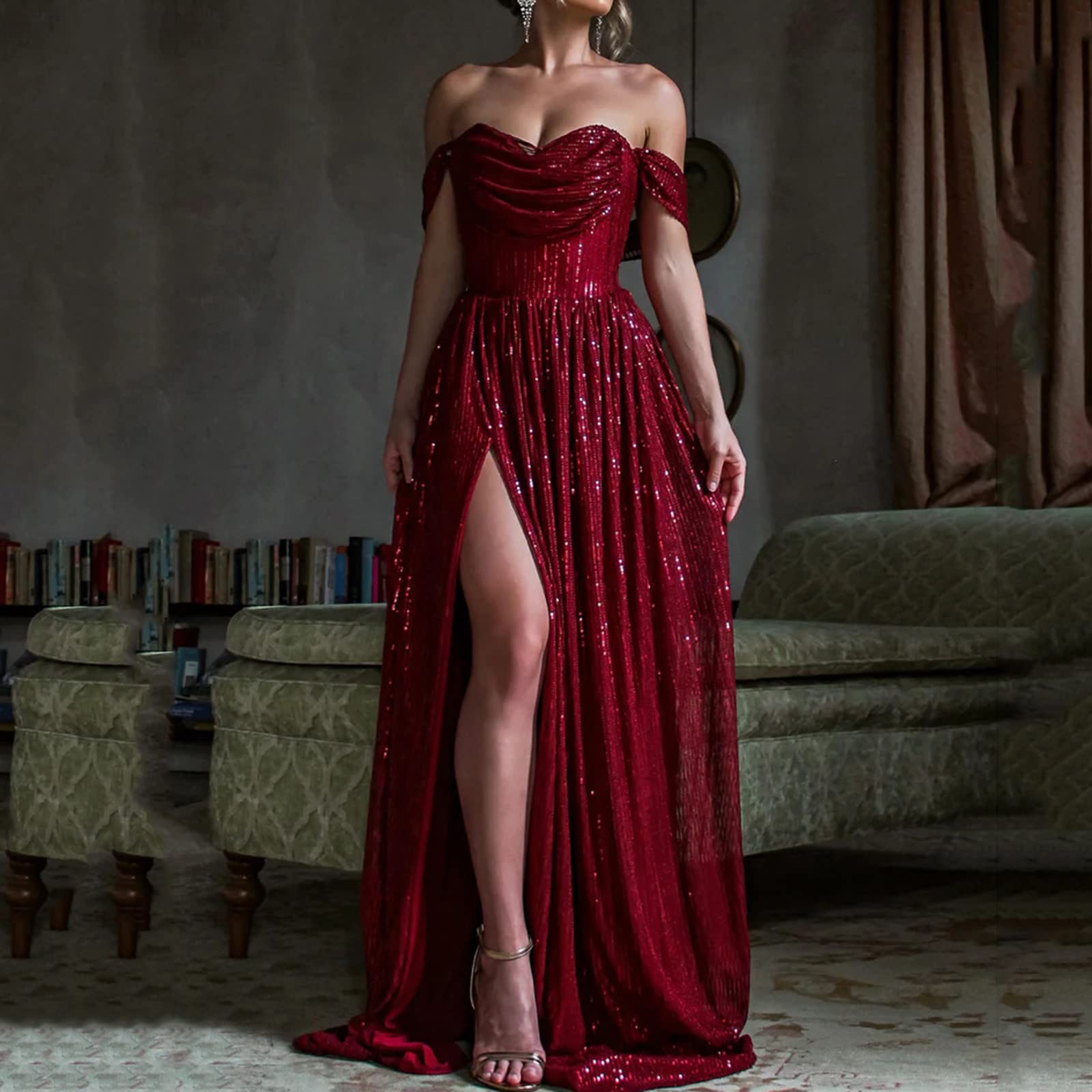 Maxi abito da donna con spalle scoperte, elegante, formale, per feste, da sera, da cocktail, elegante, sexy, tinta unita, con brillantini