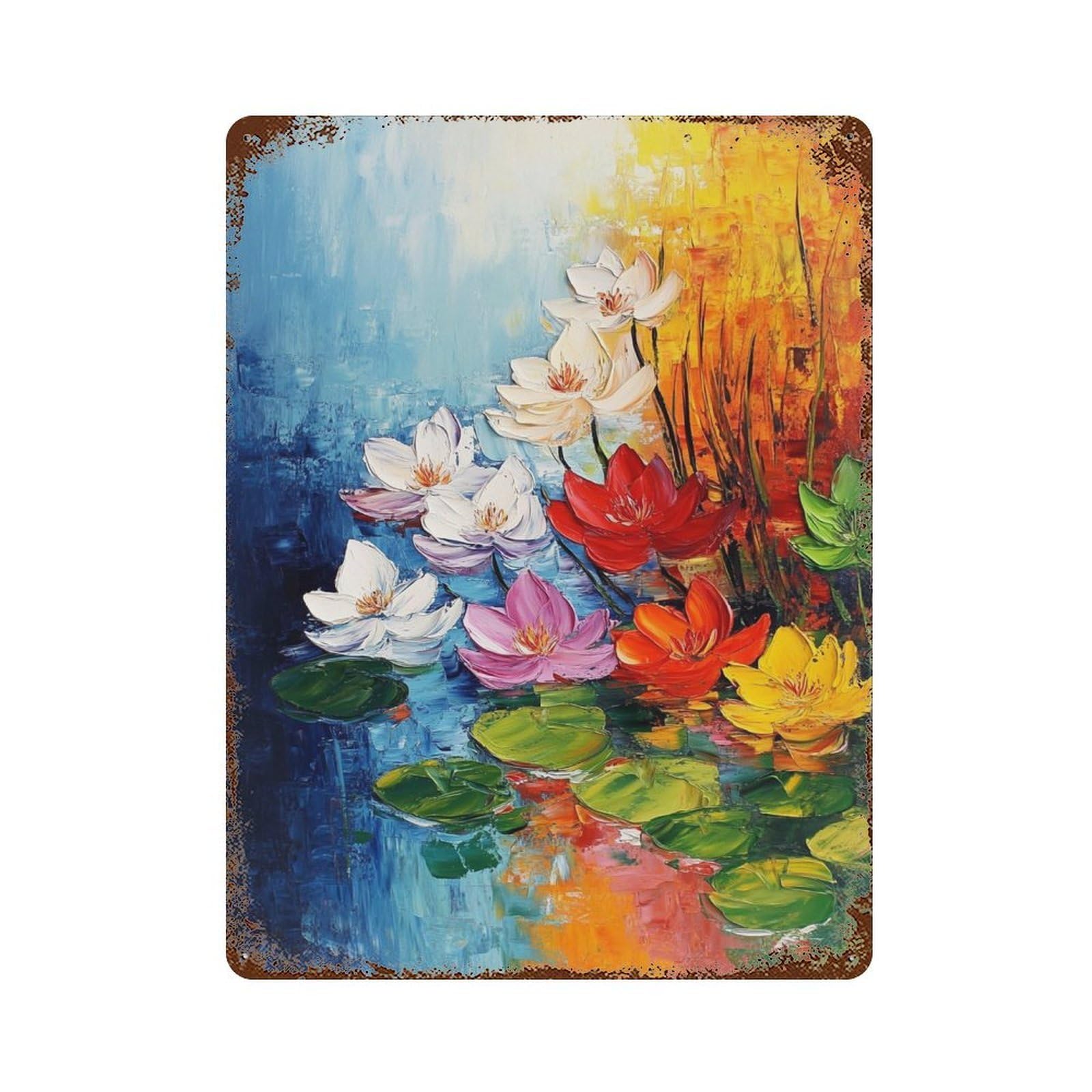 Colorful Lotus Pond Painting Decorative Tin Sign 15.7"x11.8", Farmhouse Wall Decor for Garage, Bar And Workshop Decor