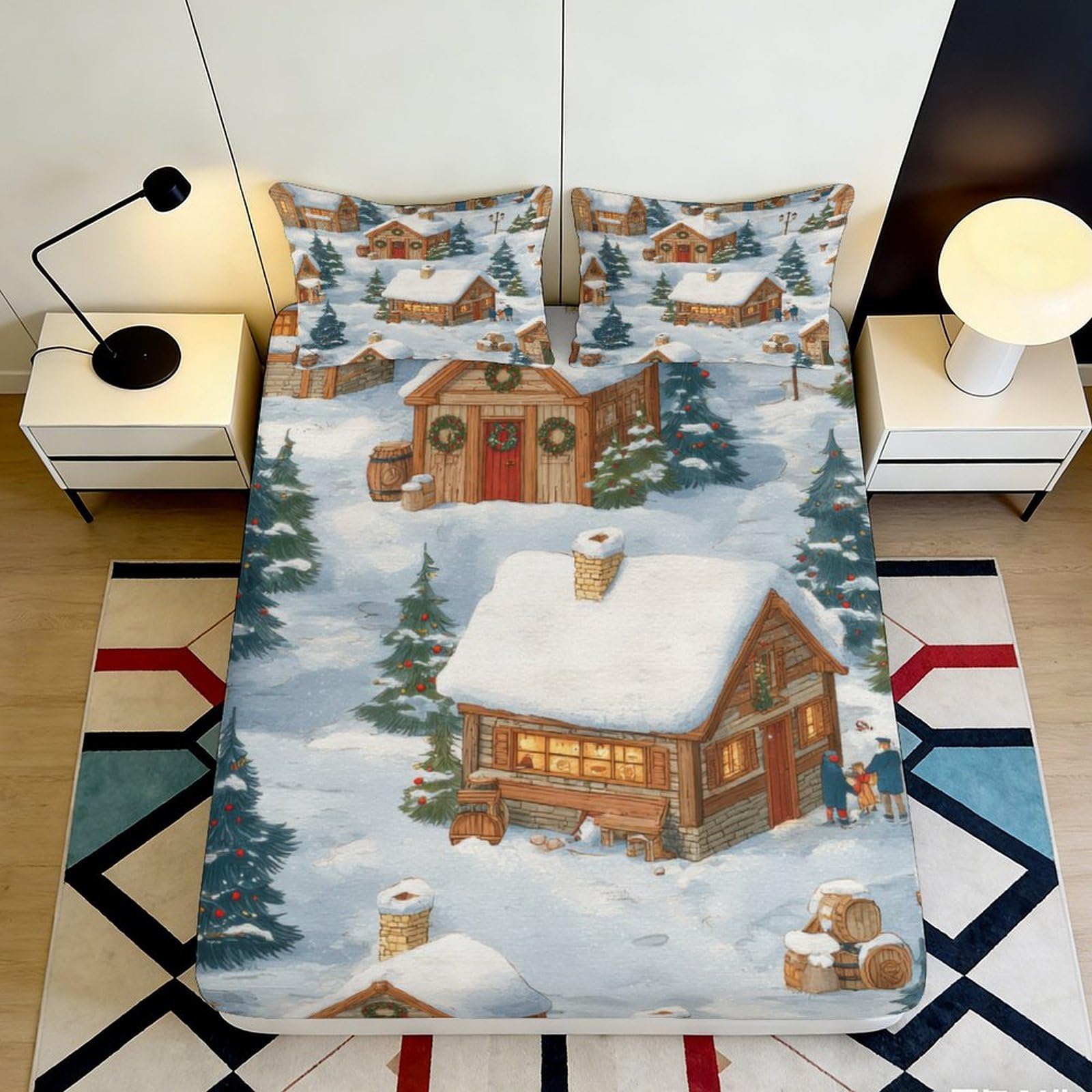 3D Printed Snow Cabin Fitted Sheet Microfiber Deep Pocket Bedroom Bedding Snowy Scene Mattress Fitted Cover Non-Slip Washable for Adults 160x200x25cm