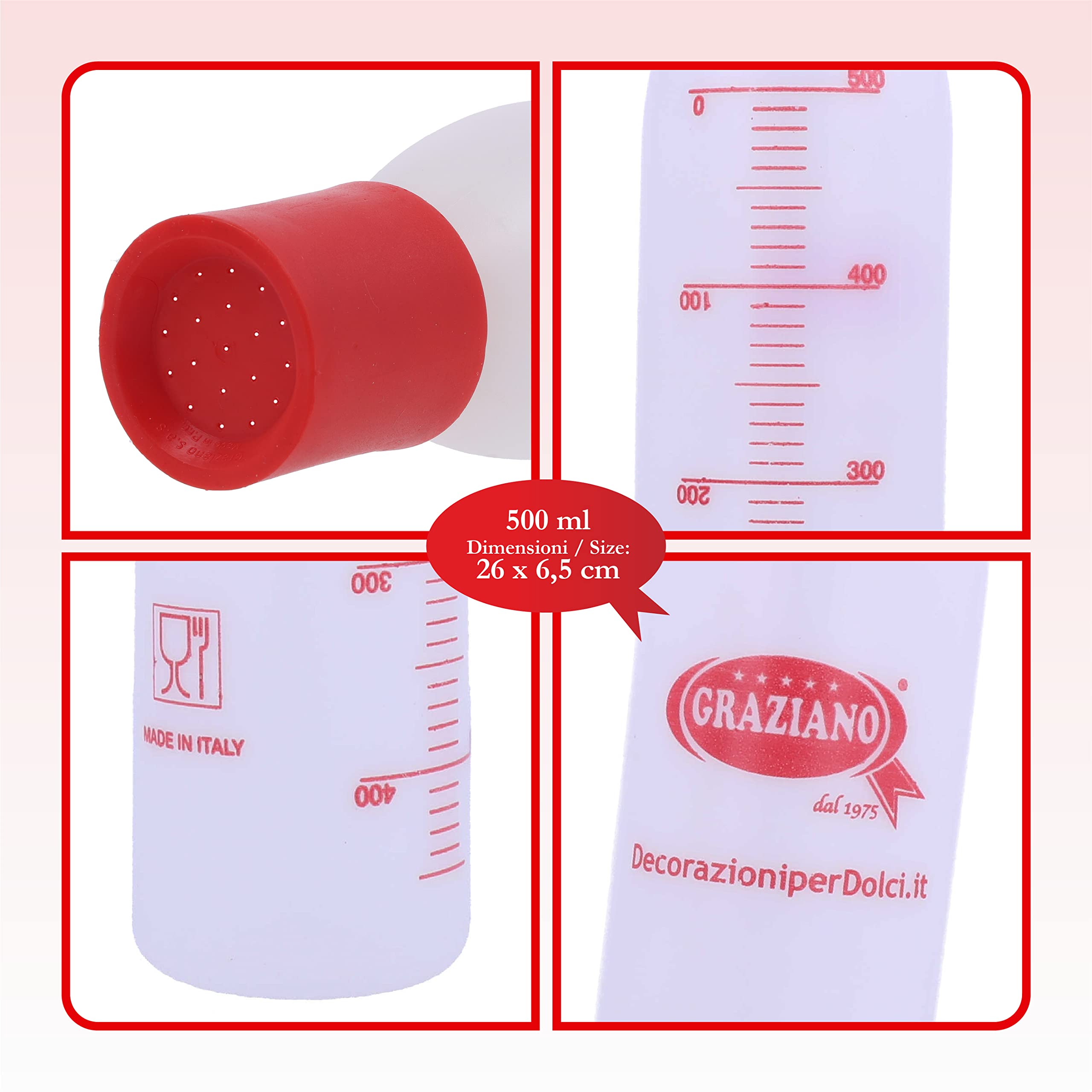Graziano, Bottiglia per Bagna, Realizzata in Plastica Graduata con Tappo Forato, Ideale per Bagnare il Pan di Spagna e Tutte le Torte con Bagne Alcoliche o Analcoliche, 500 ml