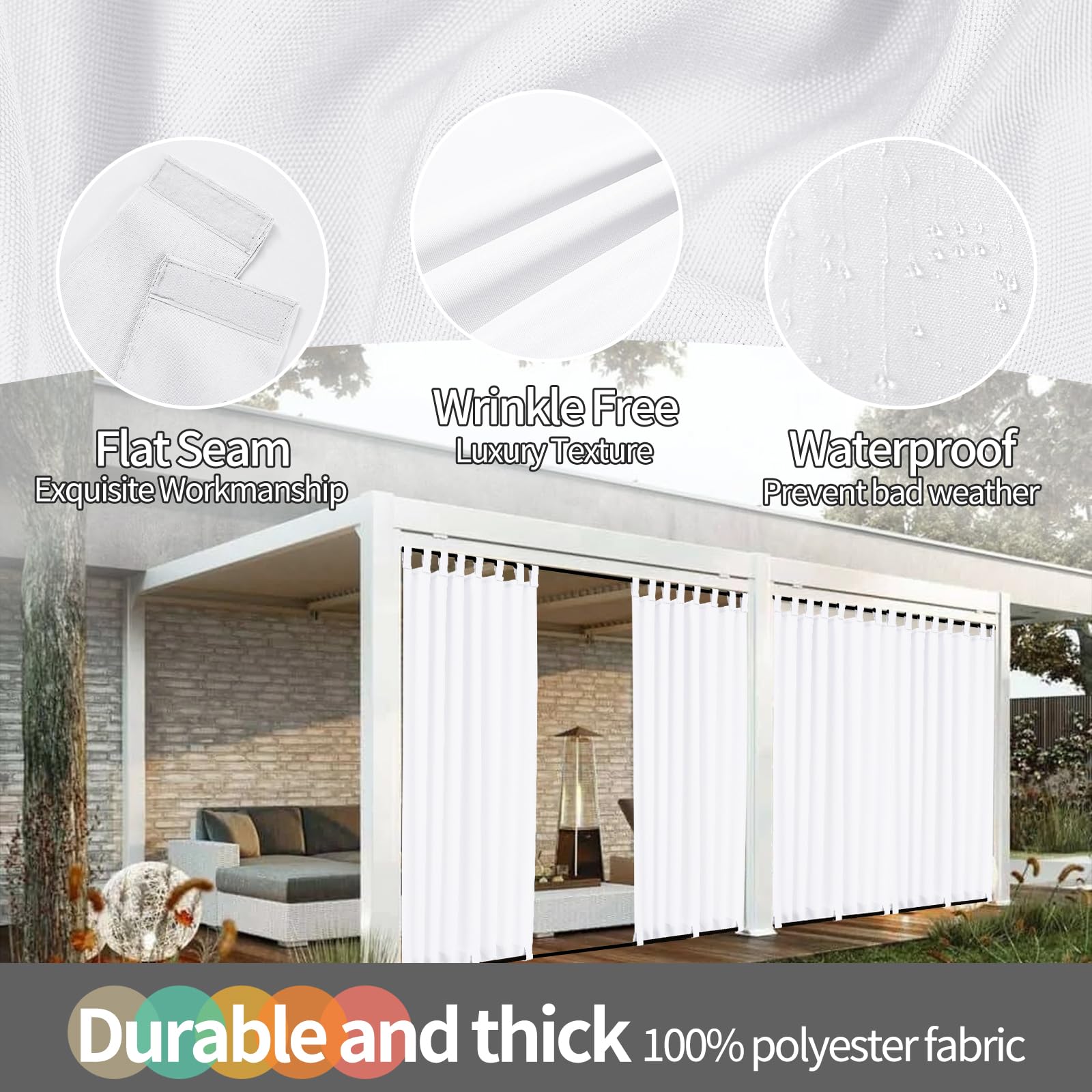 Teruntrue Rideau d'extérieur 2 pièces résistant aux intempéries avec Sangles à Scratch, Voilage Balcon terrasse, Protection Solaire et intimité, Passants en Bas, H220 x L155 cm, Blanc