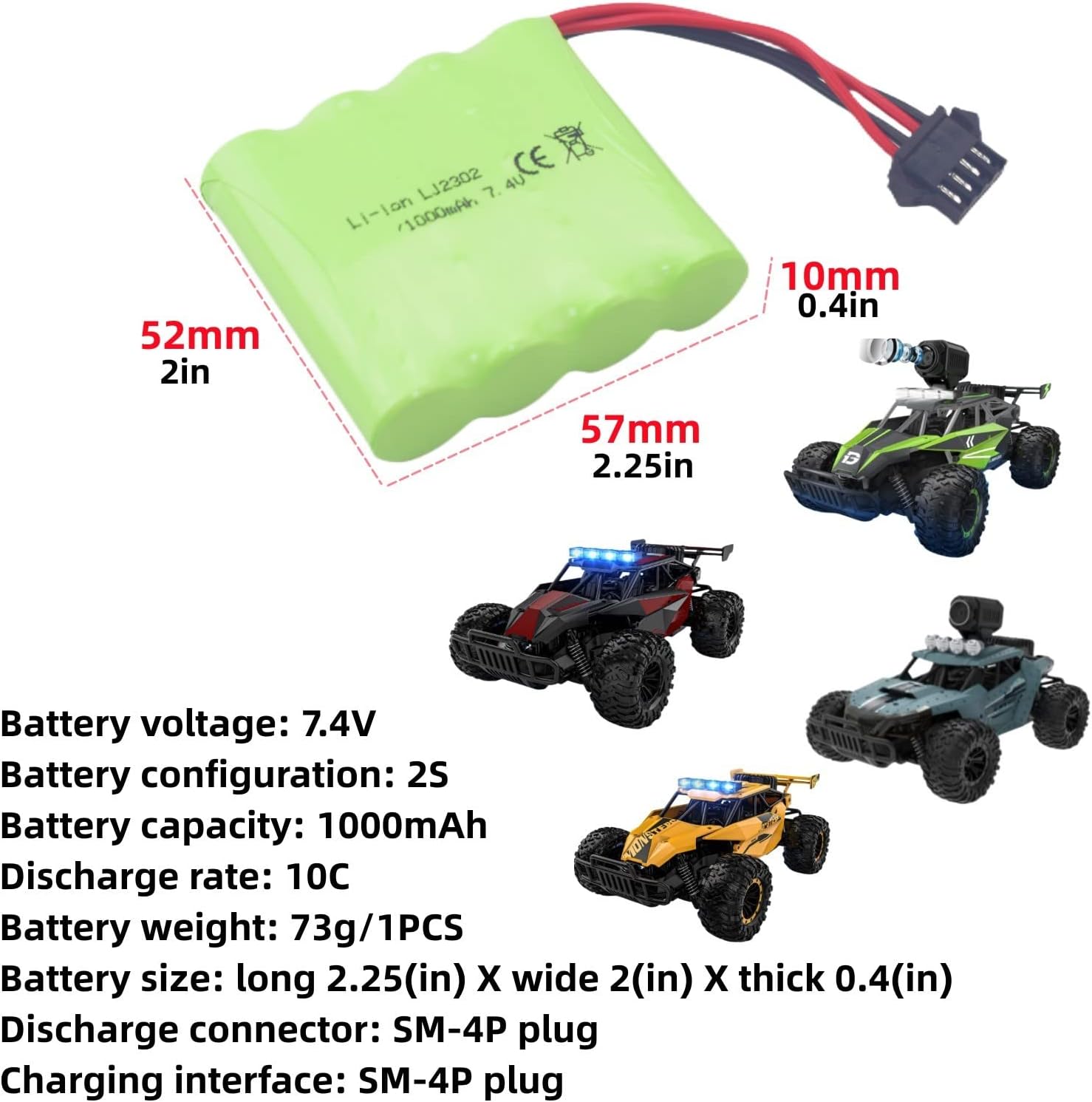 sea jump 2PCS 7.4V 1000mah Lithium Battery for DE36W DE65 NO.1809 RC Car 1:16 Off-Road Vehicle Four-Wheel Drive High-Speed Climbing Drift Racing Spare Battery : Toys & Games