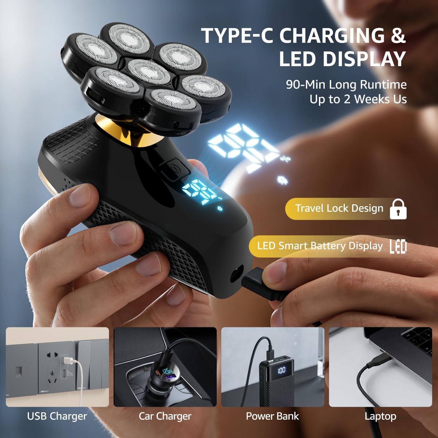 Head Shaver for Bald Men, 7D Head Shavers for Men with 5-in-1 Grooming Kit, 9200RPM Bald Head Shavers for Men, IPX6 Waterproof Head Shaver, LED Display, Rechargeable