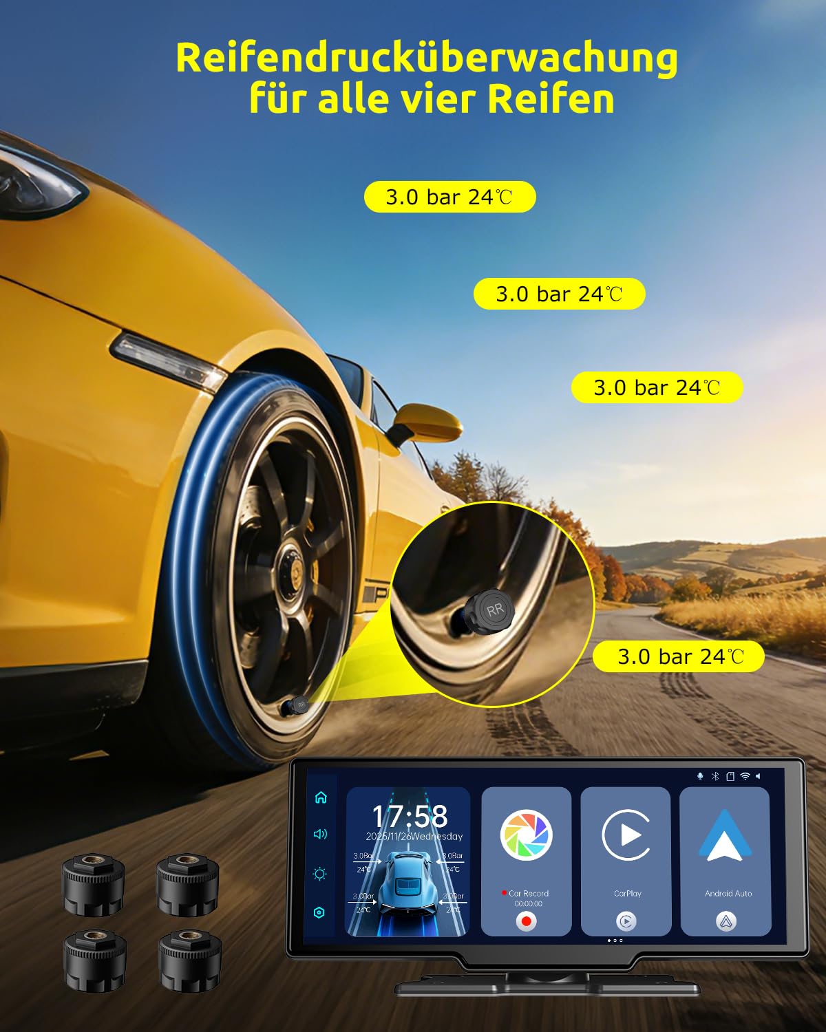 ESSGOO 10.26 Zoll Kabelloses CarPlay Display mit 4K Dashcam,1080P Rückfahrkamera & 4 Reifendruckkontrollgeräte Drahtlos CarPlay & Android Auto,Bluetooth 5.3,Mirror Link,GPS,FM,Sprachsteuerung,64GB TF