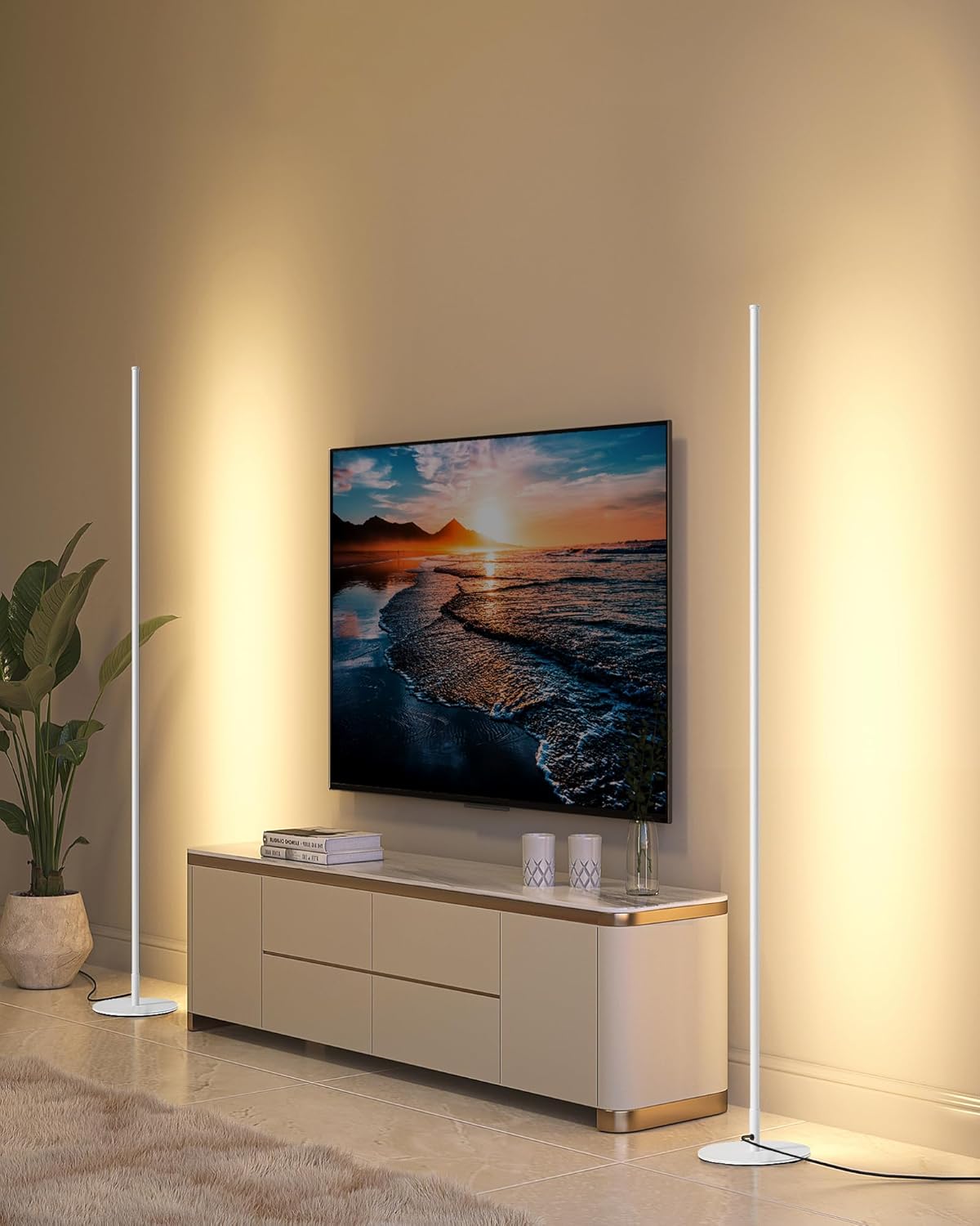 DEWENWILS LED Corner Floor Lamp, Set of 2 Modern Dimmable Mood Floor Light, 57.5" Minimalist Standing Tall Lamp for Living Room, Bedroom, Office, 3000K Warm White Light (White)