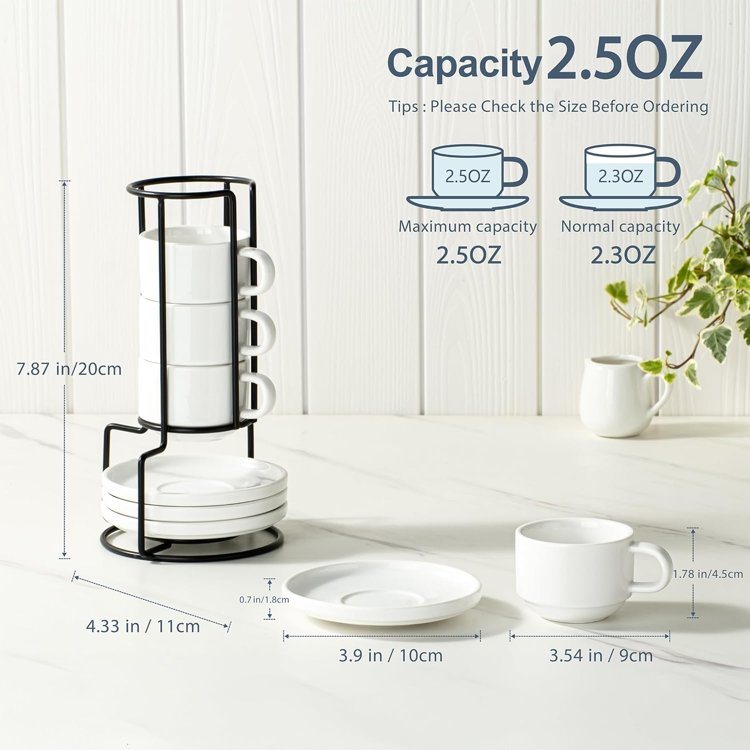 ONEMORE 2.5 Oz Espresso Cups Set of 4, Stackable Porcelain Coffee Cups with Saucers and Metal Stand, White Demitasse Mugs for Espresso, Cappuccino, Latte, Microwave & Dishwasher Safe