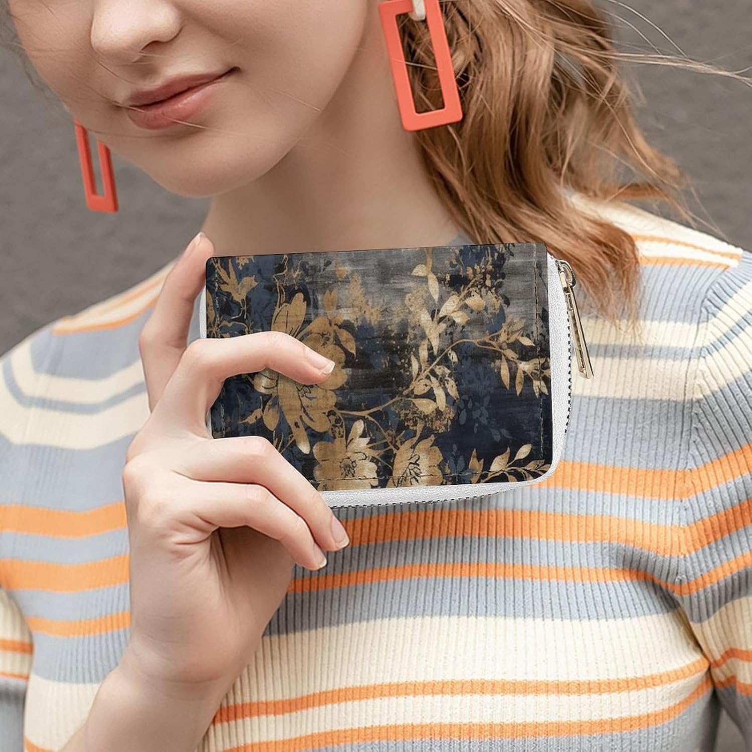 Leather Card Organizer Case Card Wallet Credit Card Holder Gold And Black Flowers Printed Zipper Card Cases Holder for Women Men
