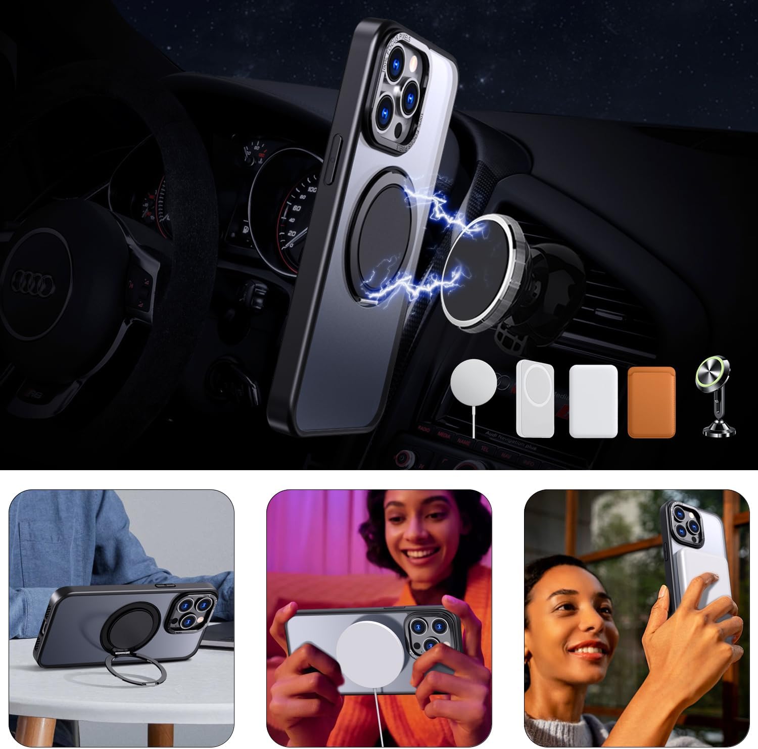 IYH 360° Rotatable Magnetic Case for iPhone 16 Pro Max, Military-Grade Shockproof Phone Cover with Matte Translucent Back(Gray) - Image 7