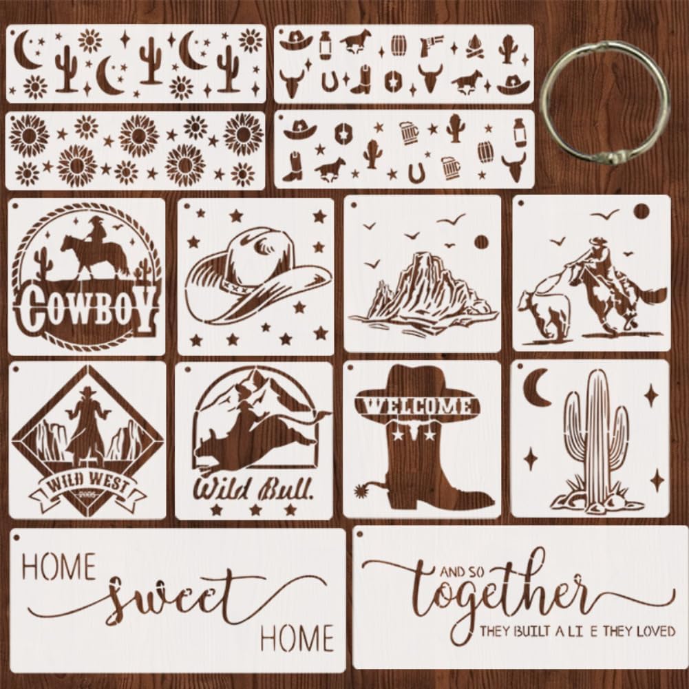 20-Pack Western Cowboy Stencils - 6x6 Inch Reusable PET Plastic Painting Templates for Wall Art, Wood, Fabric, Baking Decor, DIY Crafts & Scrapbooking