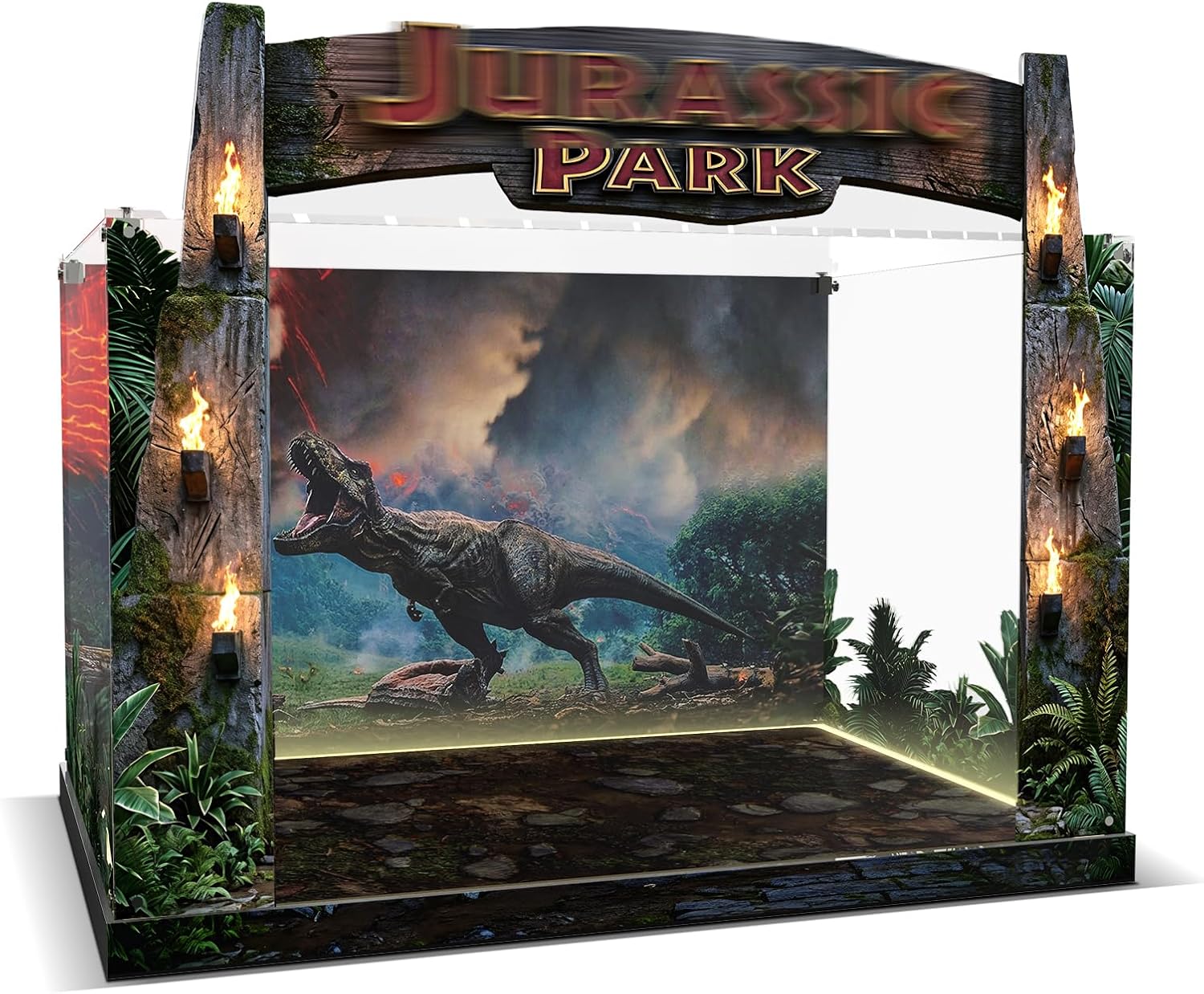Acrylic Display Case Compatible with LEGO Jurassic Park Jeep Wrangler 77984 – Dustproof Collector Showcase with Jungle Backdrop & Ambient Glow (Case Only)