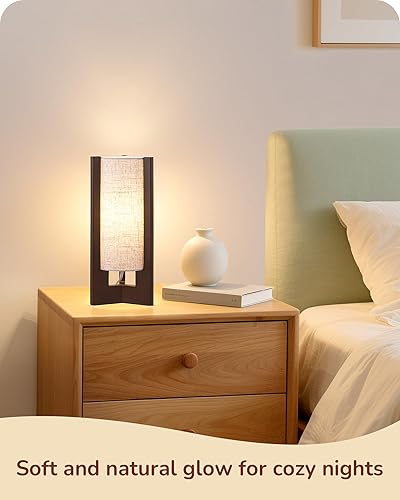 Miniatura 7 de EDISHINE Lámpara de mesa de madera, lámpara de noche pequeña de 13.5 pulgadas, pantalla de lino beige, lámpara cilíndrica de madera rosa para