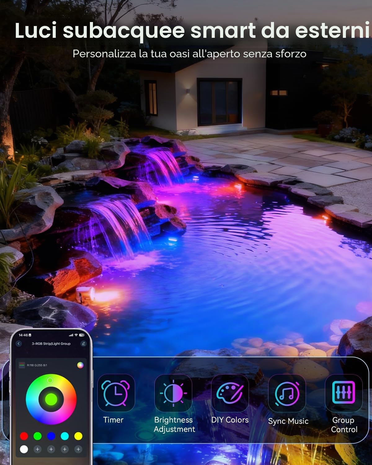 Luci per Laghetto Acciaio Inossidabile SS316, 6W Faretti per Laghetto con Cavo 9,5M e 12V Trasformatore, RGB Luci Laghetto Immersione per Laghetti da Giardino, Ruscelli, Stagni Koi, Cascate