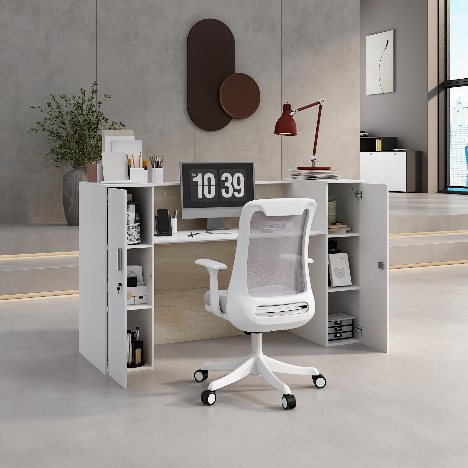 Banco di reception, grandi banchi con ripiani regolabili, bancone della reception, mobili da ufficio, colore legno e bianco, 180 x 60 x 110 cm, MDF, moderno ed elegante
