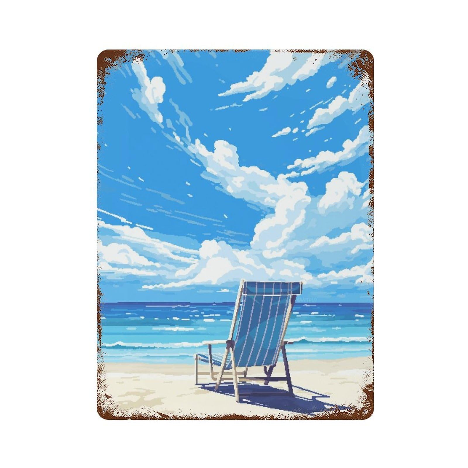 Peaceful Beach Pixel Art Rustic Tin Plaque 15.7"x11.8", Ideal for Shed, Workshop And Garage Wall Decor