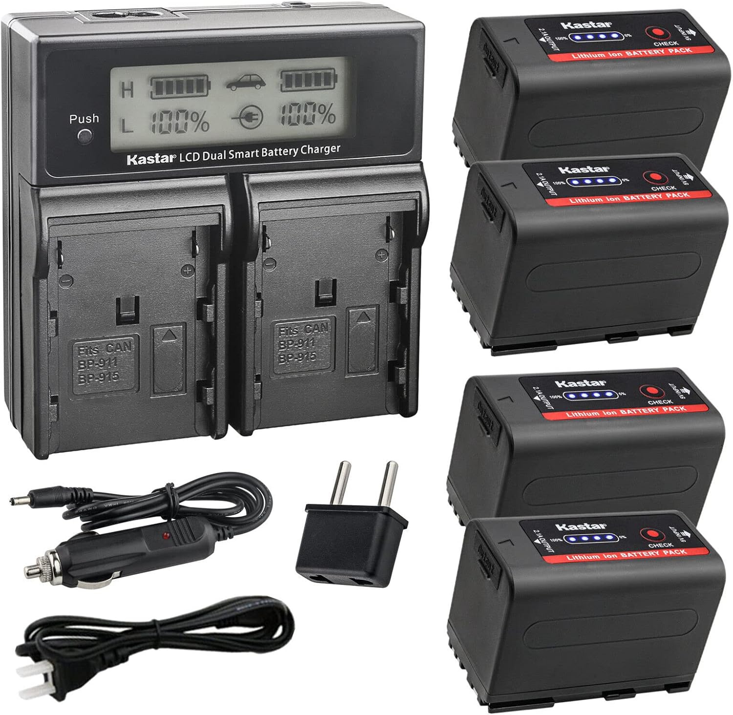Kastar 4-Pack BP-950GPro Battery and AC LCD Dual Fast Charger Compatible with RED KOMODO 6K Digital Cinema Camera, Canon XL-1 XL-1S XL-2 XH-A1 XH-A1 HDV XH-A1S HD XH-A1SE HDV XM1 XM2 XV1 XV2 C2 Camera