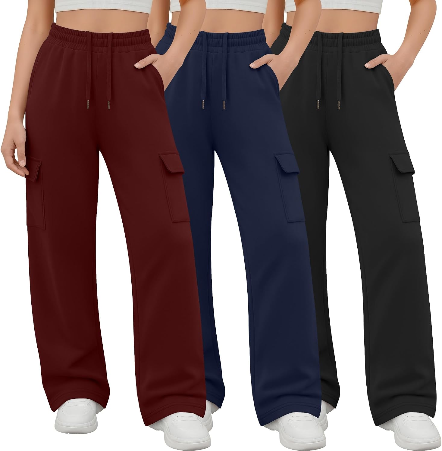 3 Pack Girl's Cargo Sweatpants Wide Leg Baggy Pants Teen Loose Casual Athletic Joggers with 4 Pockets 5-14 Y