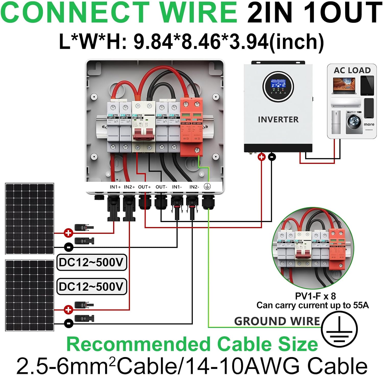 2 String Solar PV Combiner Box IP65 2 in 1 Out DC500V 32A Circuit Breaker with Surge Protector and 15A PV Fuse,Solar Disconnect Switch Outdoor Waterproof for Solar Panels System