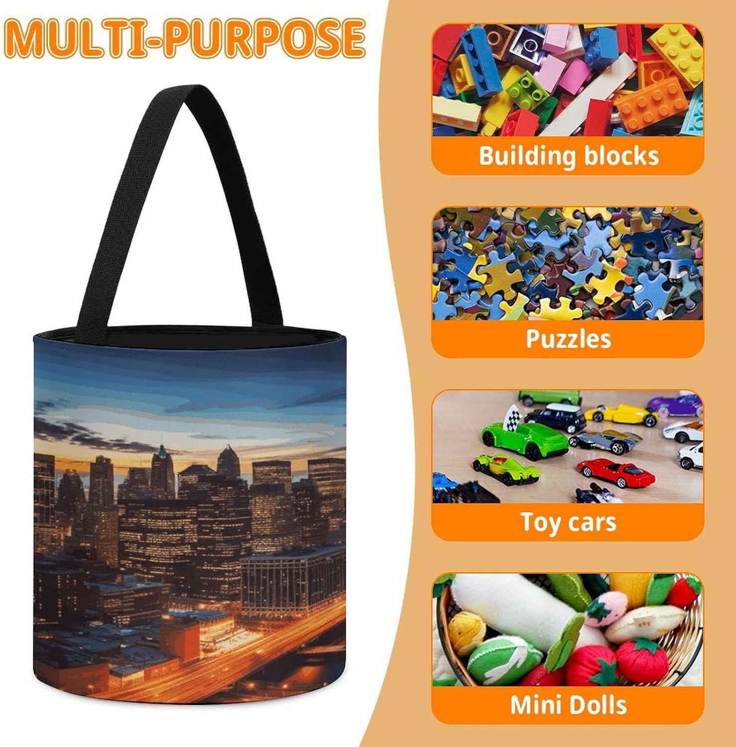 New York City Scenery Storage Bag Large Reusable,Storage Box with Handle Drawstringm, Toy Storage Organizer Travel Case for Building Toys for Puzzles, Building Blocks, Board Game, Stationery, Books image 4
