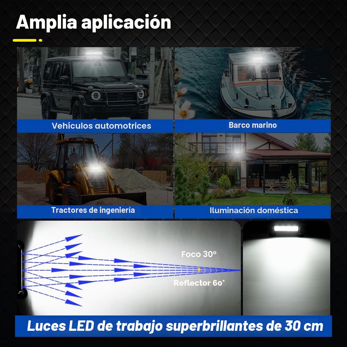 Barra de luz LED magnética (30 cm, súper luminosa, para encendedor de cigarrillos, 6000 K, imanes potentes, montaje de 4 vías, 12/24 V, tractor, remolque, ATV