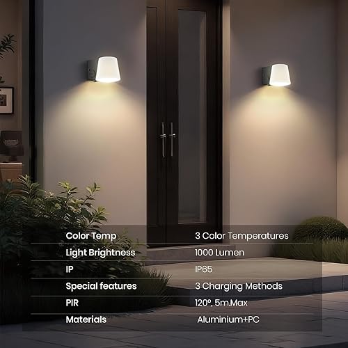 Miniatura 6 de Lámpara para exteriores, luz híbrida de carga ACsolar para porche al aire libre, regulable, 3 CCT, sensor de movimiento PIR, 1000 lúmenes, luces