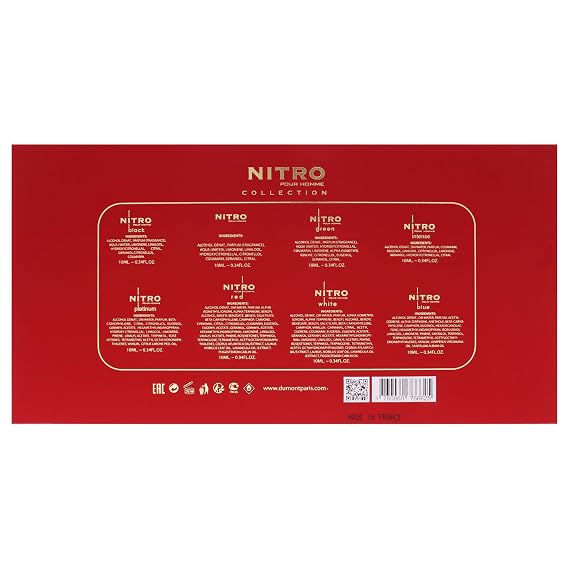 Nitro Collection by Dumont for Men 9pc Mini Gift Set: 8 x 0.34oz EDP Vials (Black, Green, Intense, Platinum, Red, White, Blue, Nitro Pour Homme) + Travel Spray Case