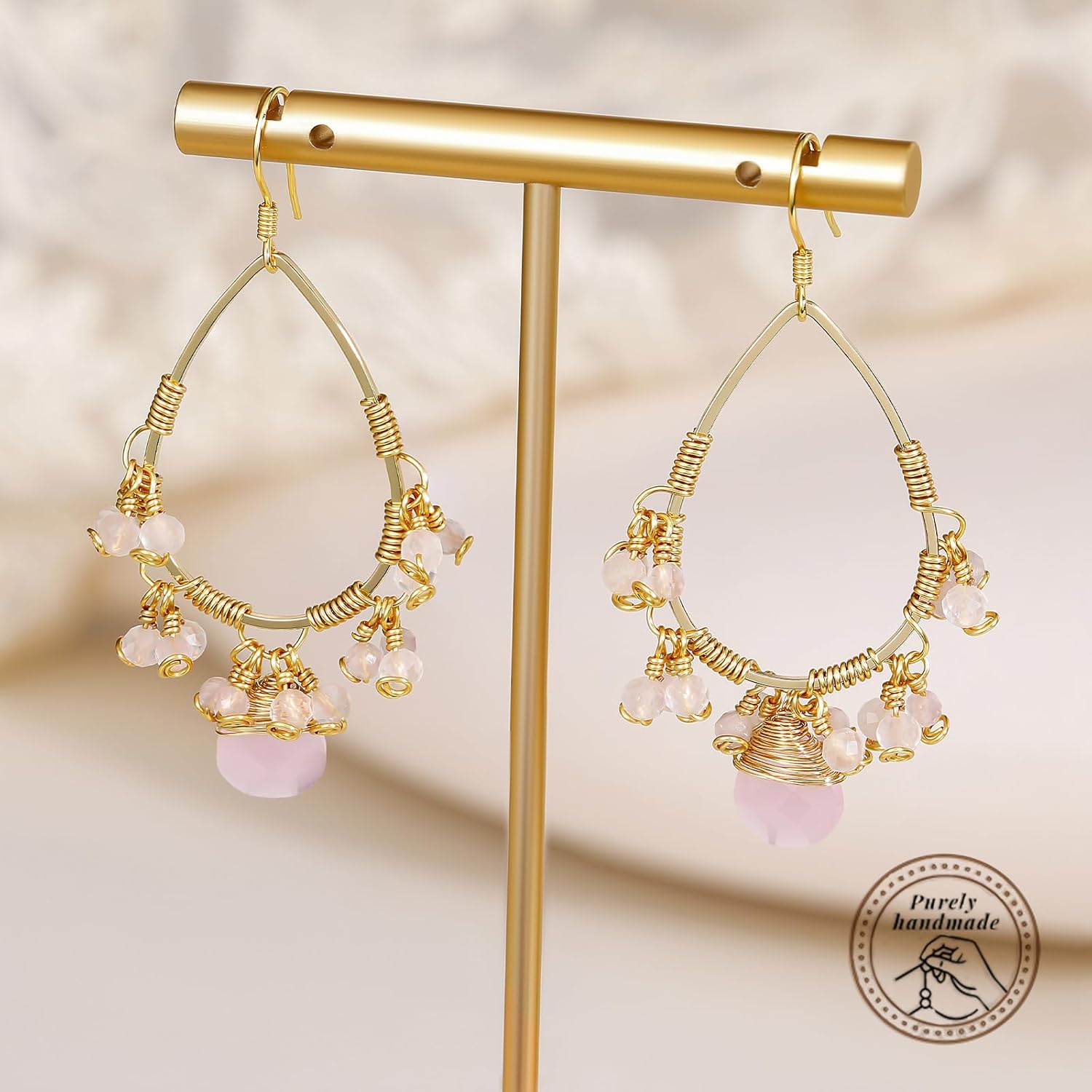 Boho Crystal Dangle Earrings for Women Natural Gemstone Vintage Purple Hook Drop Earrings Handmade Summer Vacation Jewelry for Women Amethyst/Rose Quartz 14K Gold Plated - Image 4