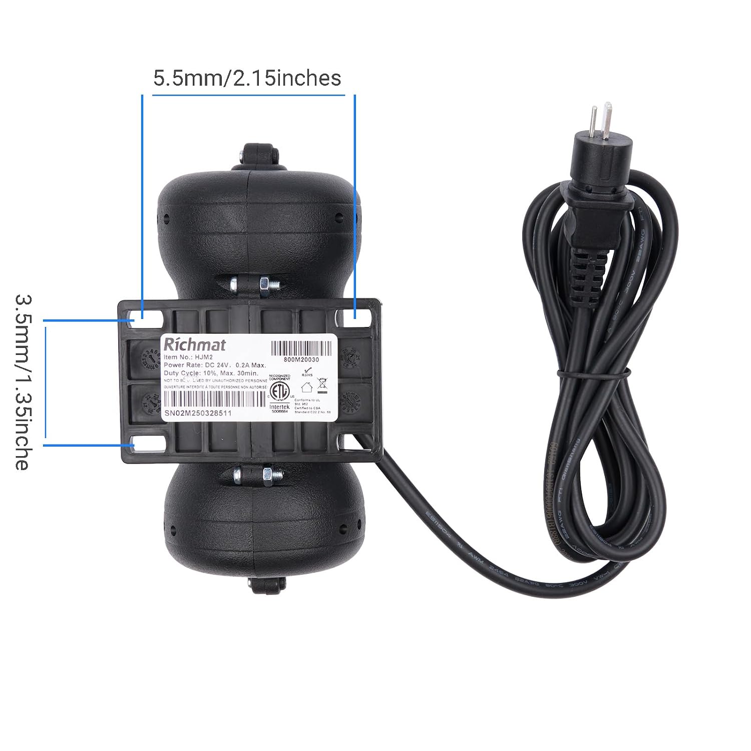 Metal 2-Pin Plug Richmat HJM2 Massage Motor for Adjustable Bed Bases Vibration Motor Works for Head and Foot
