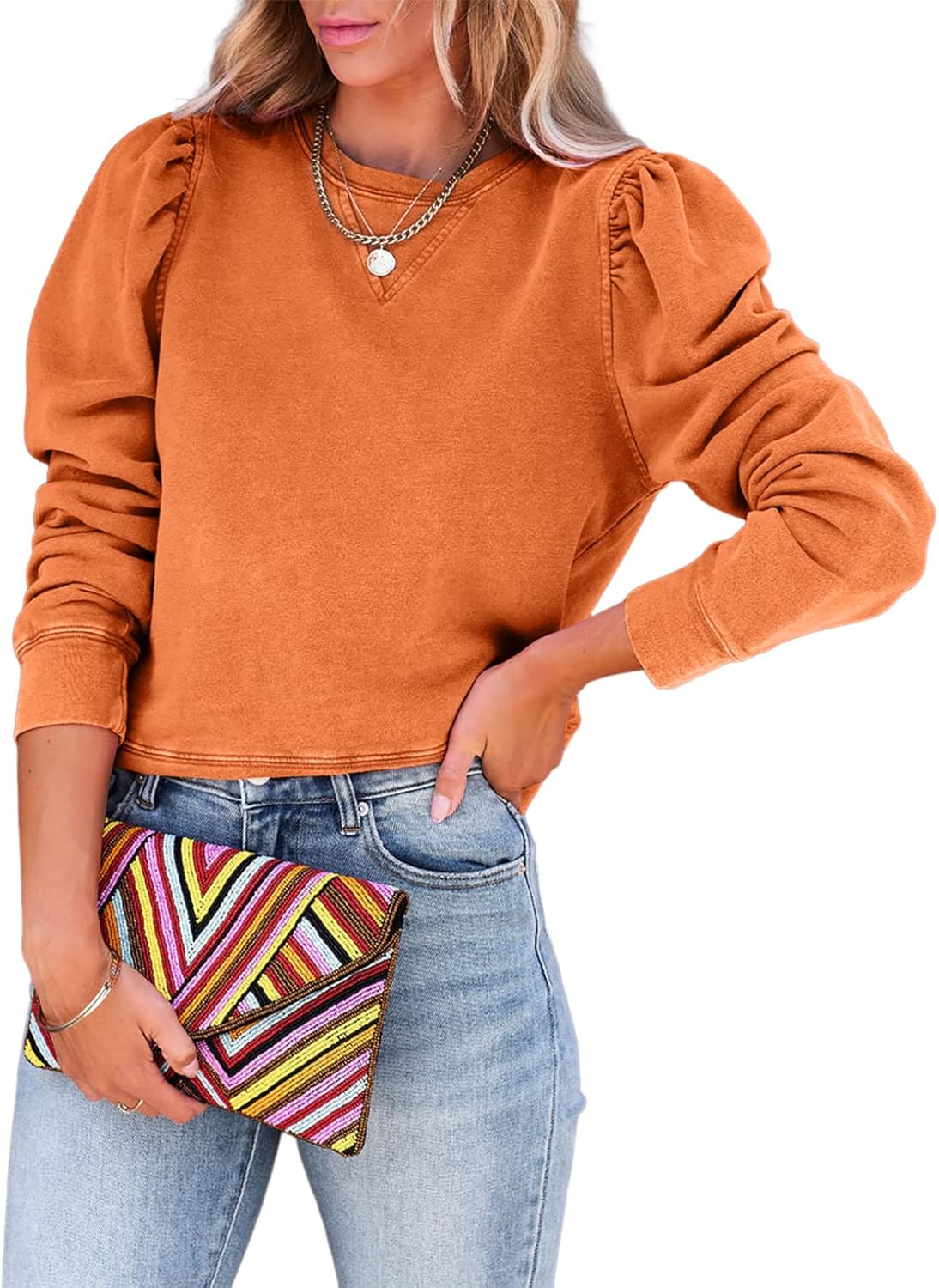 Dokotoo Womens Casual Cropped Sweatshirts Puff Sleeve Crop Pullover Crewneck Cute Tops