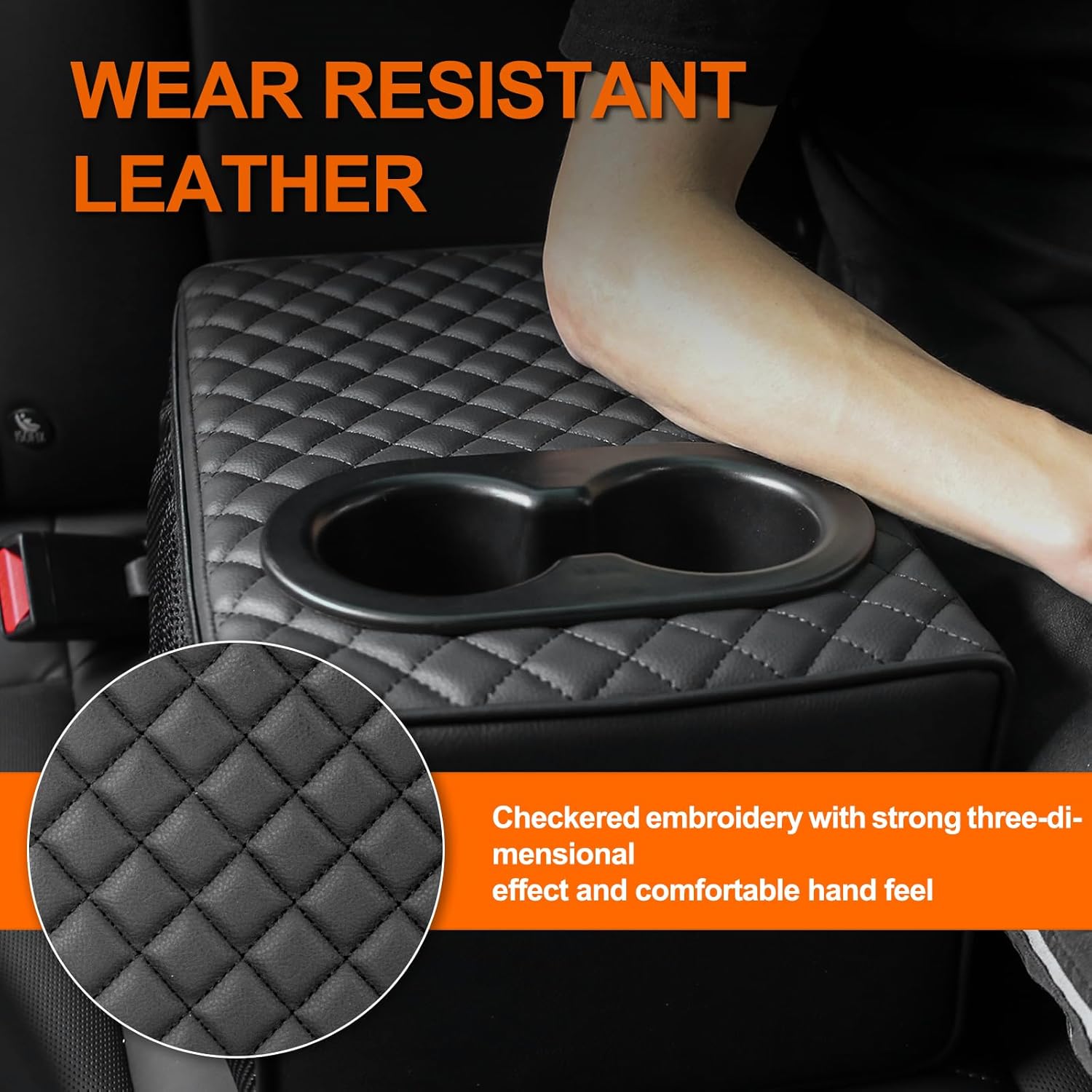 Guina Universal Rear Seat Armrest Console Box with Dual Cup Holders, Memory Foam & Faux Leather, 2 Row Backseat Center Console with Double Pockets, Compatible with SUV, Car,Truck,Pickup - Black