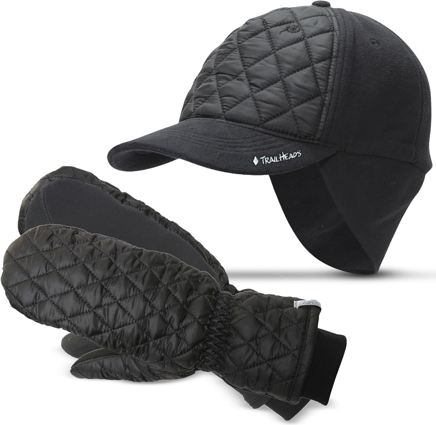 TrailHeads Women’s Winter Running Bundle - Ponytail Trucker Hat with Ear Warmers & Touchscreen Quilted Insulated Mittens