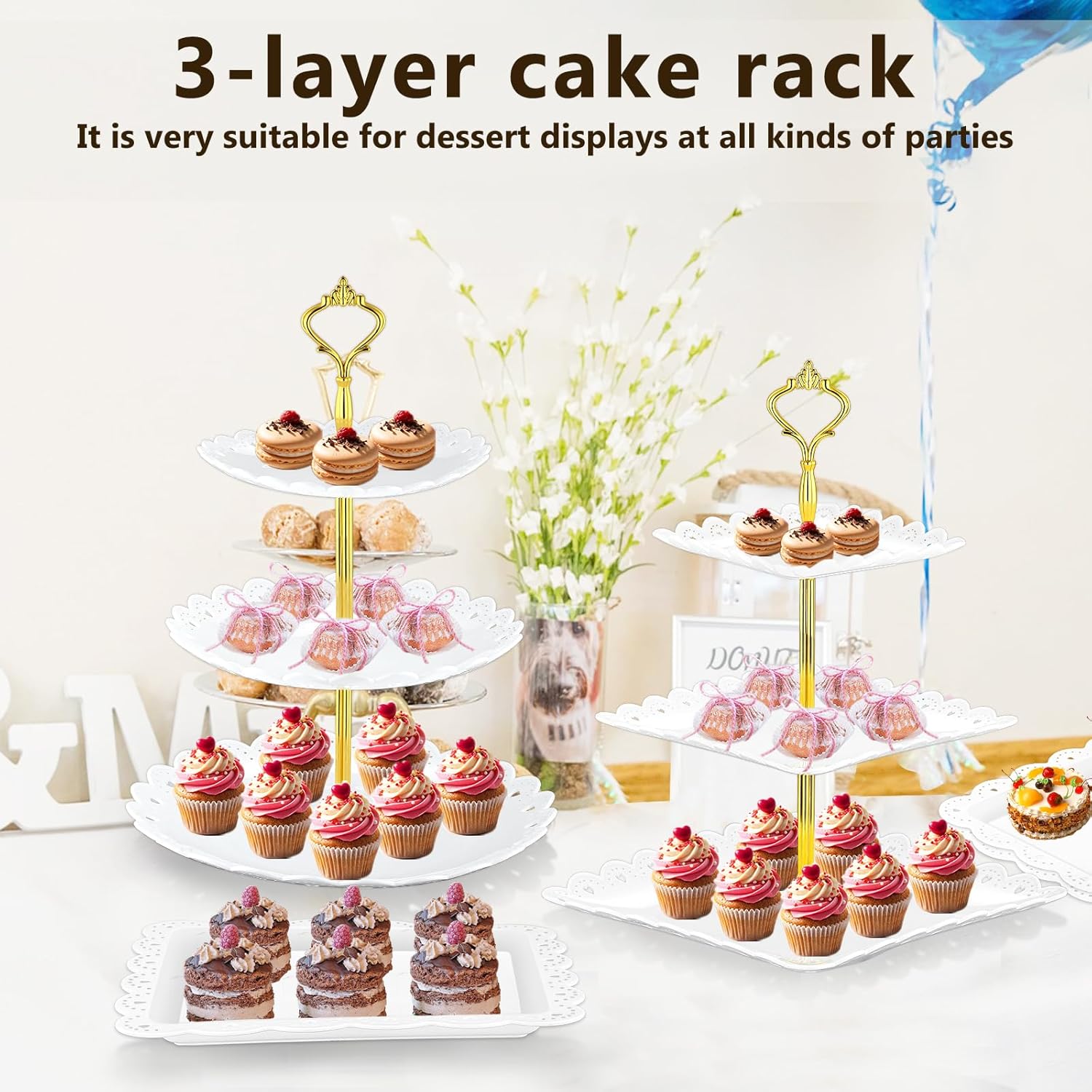 Lazycorner 10 Pcs Dessert Table Display Stands Set , with 6 Pcs 3-Tier Cupcake Stand & 4 Pcs Food Serving Tray - Cookie Tray Rack Serving Tray Cake Display Tower for Wedding Baby Shower Tea Party