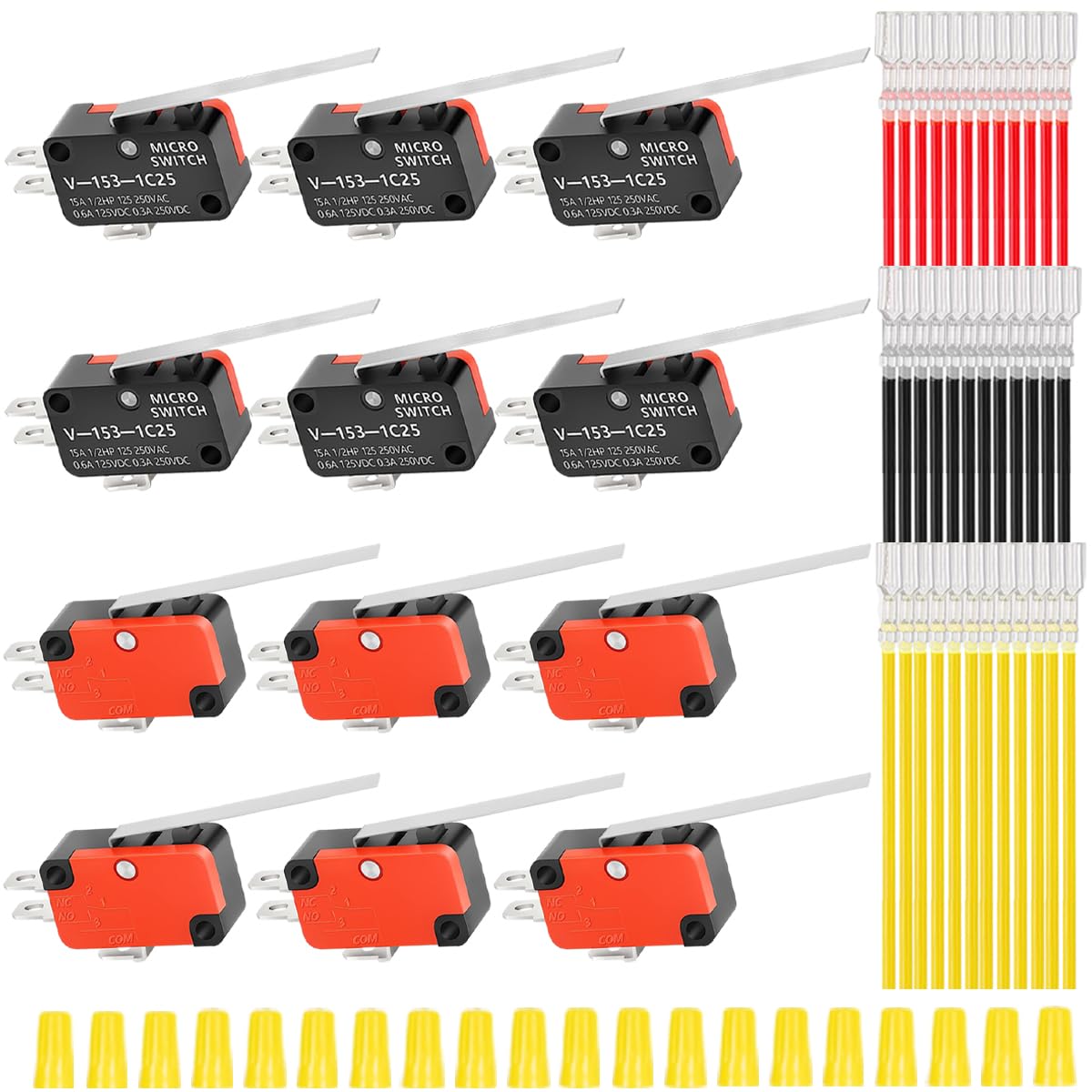 VNUUUXO MKBKLLJY 12 Pieces 52 mm Short Limit Switch 1NO 1NC SPDT 3 Pin Momentary for Arduino with 36 Terminal Wires and 20 Shut-off Caps