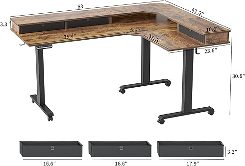 Miniatura 3 de CubiCubi Escritorio de pie en forma de L con motor triple de 63 pulgadas con 3 cajones, altura ajustable eléctrica, soporte de esquina, marrón