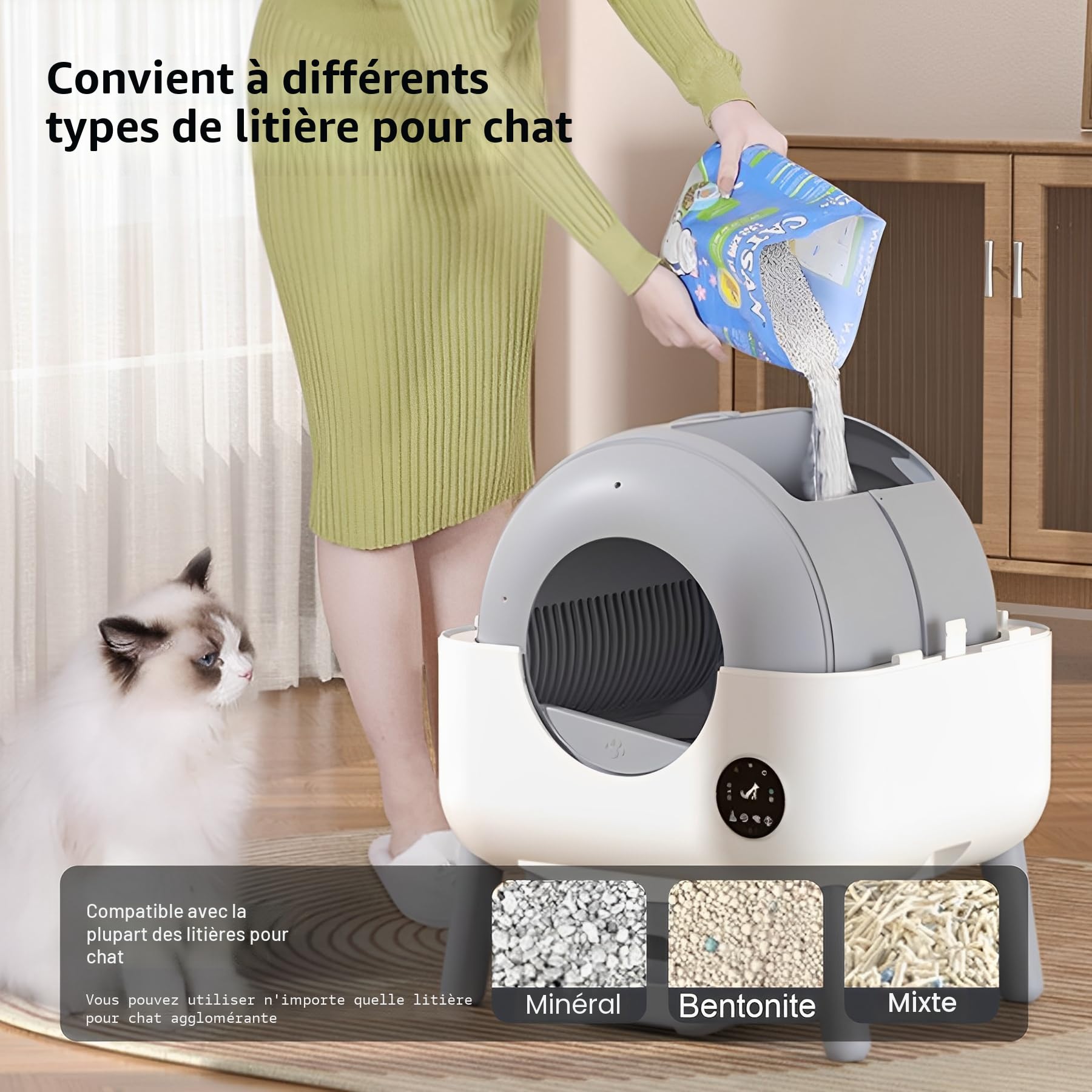 Litière Chat Autonettoyante XXL 76L, App, Anti-Odeur, LED, Multi-Chat | Capteurs sécurité anti-pincement, module parfum anti-odeur, 76L+13L, 1.5-12.5kg, éclairage LED, app poids, multi-chats, 15j.