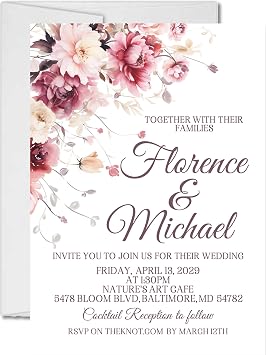 Burgundy & Blush Floral Wedding Invitations, Personalized Garden Wedding Invite, Mauve Wildflower Wedding, Anniversary, Vow Renewal, Set of 12