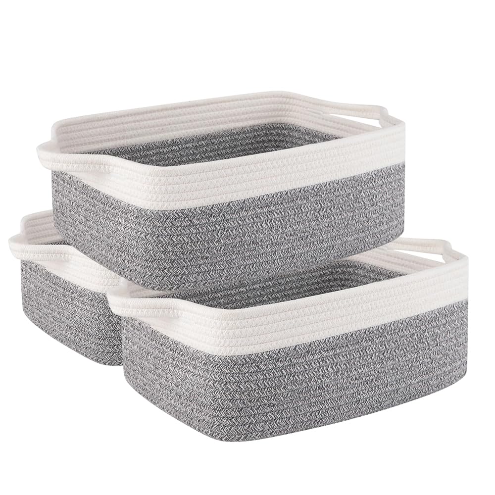 Jonuin Cotton Rope Storage Baskets, 3 Pack 32x22x14cm Storage Baskets for Shelves, Small Woven Storage Baskets for Organizing Towels, Empty Gift Basket for Shelves Bathroom Home Decor (White & Grey)