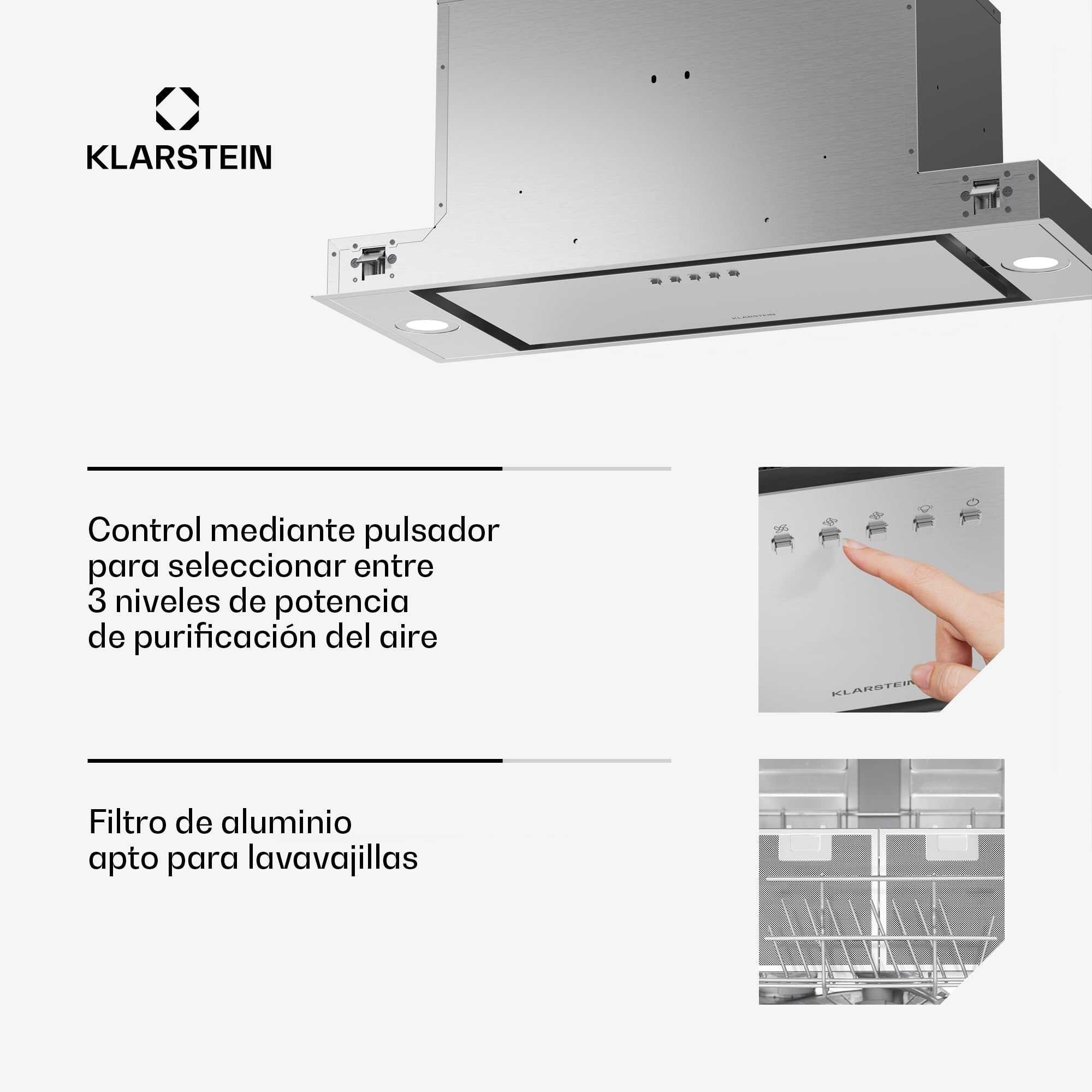 Klarstein TurboMax Campana Extractora, 75cm Campana Integrada con 382 m³/h, Eficiencia Energética A+, Motor CC Silencioso, Iluminación LED, Filtros de Carbón & Aluminio