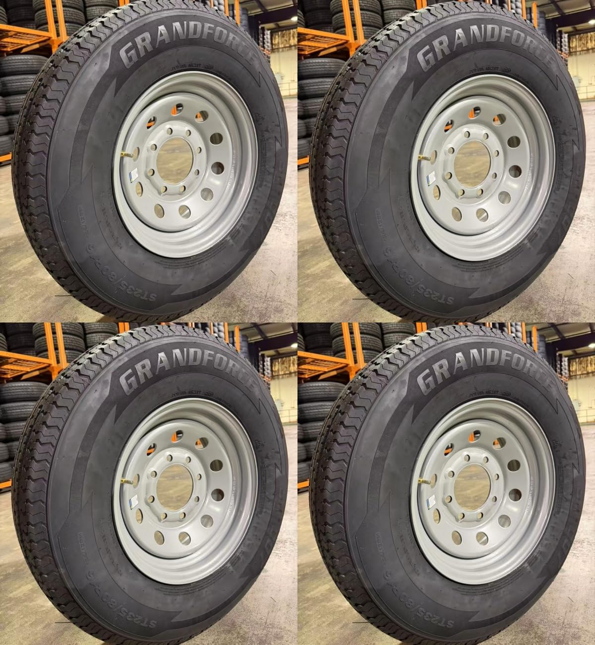 4PCS GRANDFORCE Trailer Tires ST235/80R16 on 16x6 8x6.5 Silver Mod Wheels