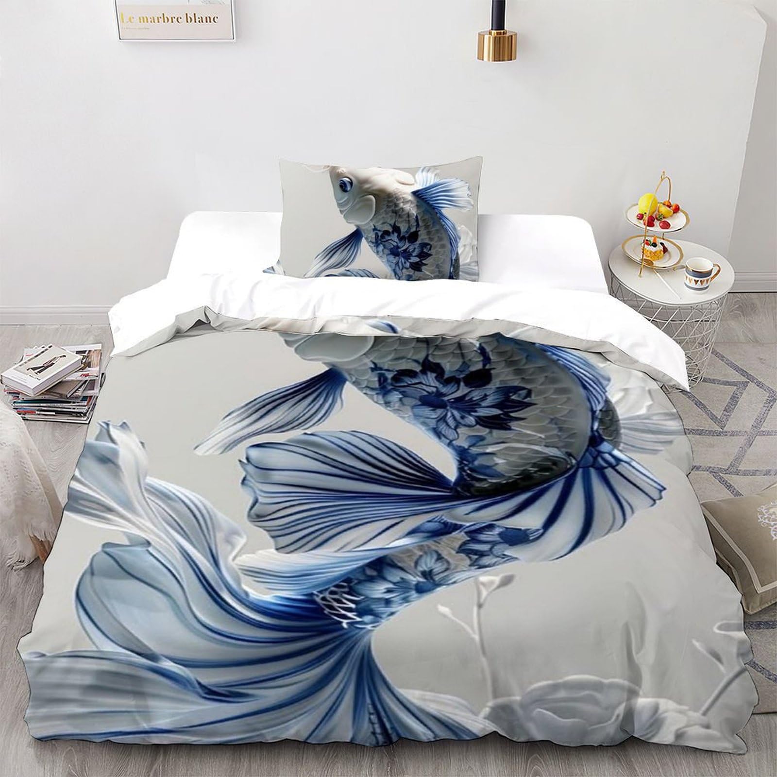Poisson à écailles blanches housse de couette microfibre 3D