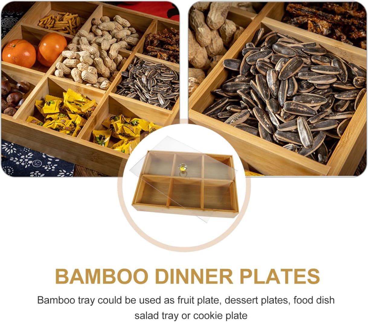 Amosfun Bamboo Nut and Candy Serving Tray, Tea Bag Storage - 6 Grids Snack Tray Platter with Lid and Removable Dividers for Nuts, Candy, Cookies 13.26 X 9.05 X 2.36 Inches