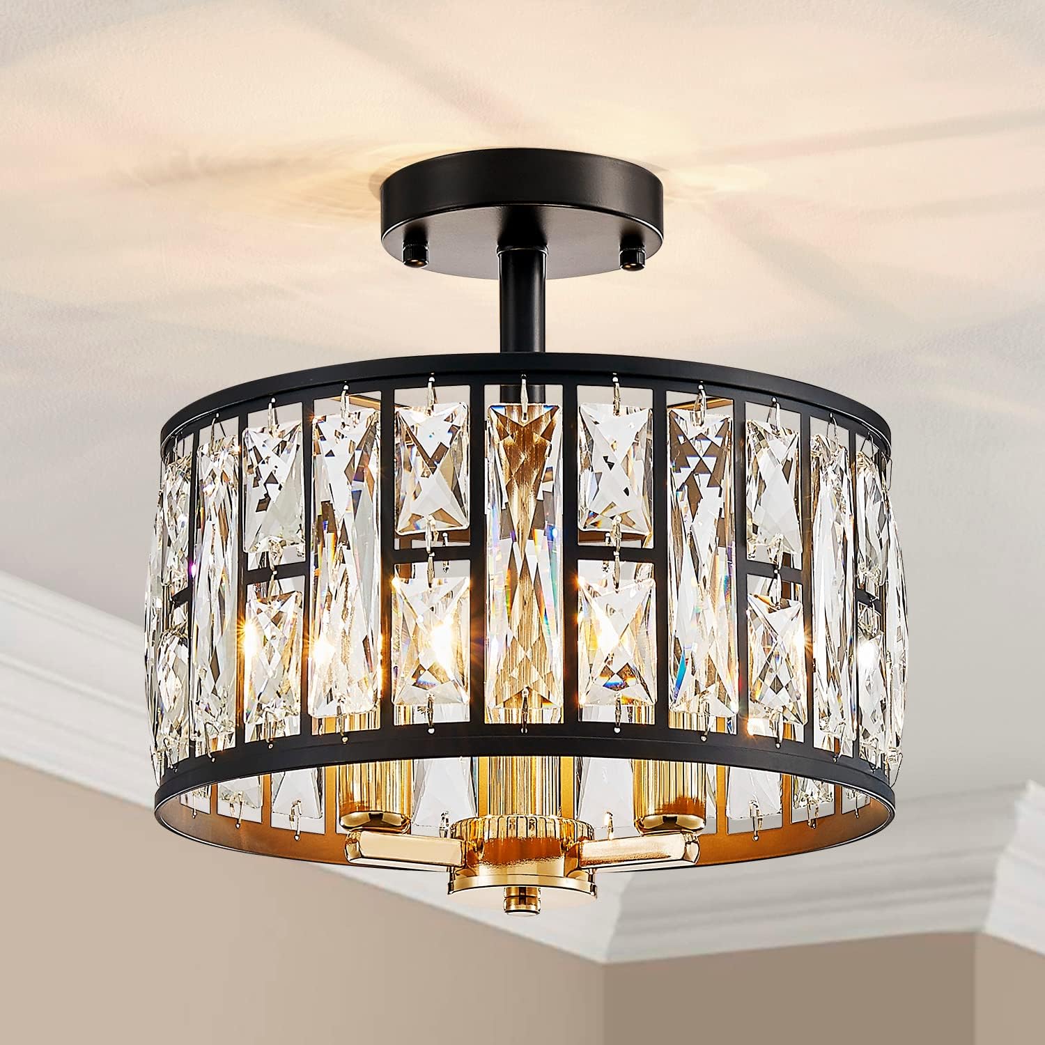 Saint Mossi Crystal Ceiling Light Fixture, Ceiling Chandeliers with E14 Base 3-Light, D30cm x H24cm, Matte Black & Shine Gold Finish [Energy Class A]